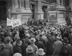 A protest outside Wellington Town Hall during the Great Depression
